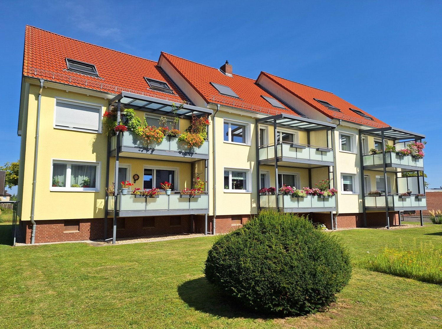 Blick vom begrünten Hof auf drei Mehrfamilienhäuser mit verputzter gelber Fassade und Balkonen, zweigeschossig