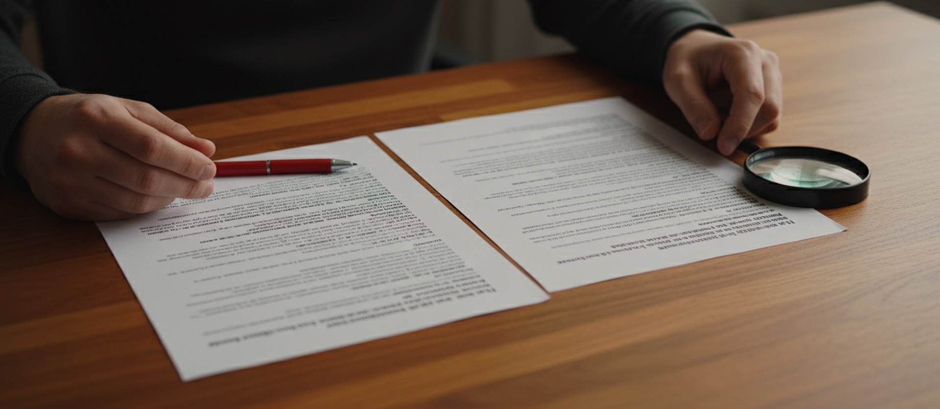 Zweiseitiges Dokument auf Schreibtisch, Hände mit Kugelschreiber und Lupe